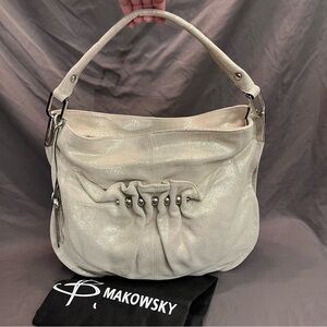 B. Makowsky Large SILVER/CREAM Metallic Leather ruched Pocket Shoulder bag NWOT
